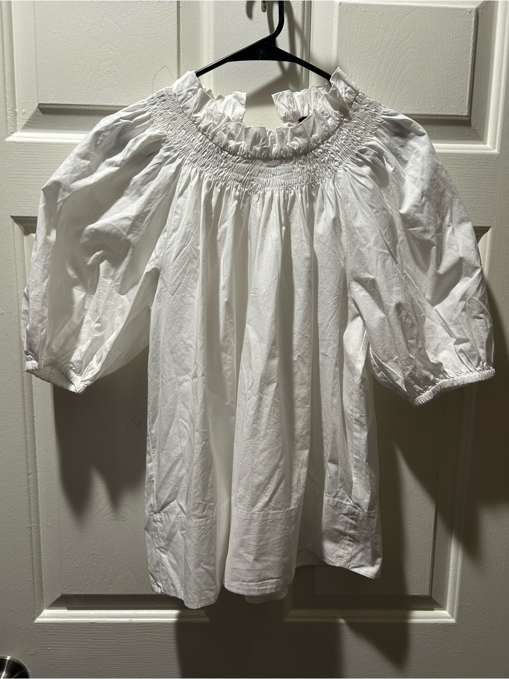 NWT J. Crew White Smocked Ruffle Neck Puff Sleeve Cotton Poplin Top Size Medium